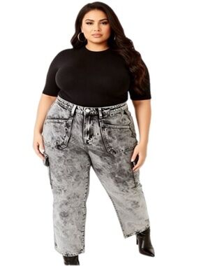 Kendall + Kylie Jeans Demin Crop Cargo Denim Acid Wash Gray Plus Size 18/2X